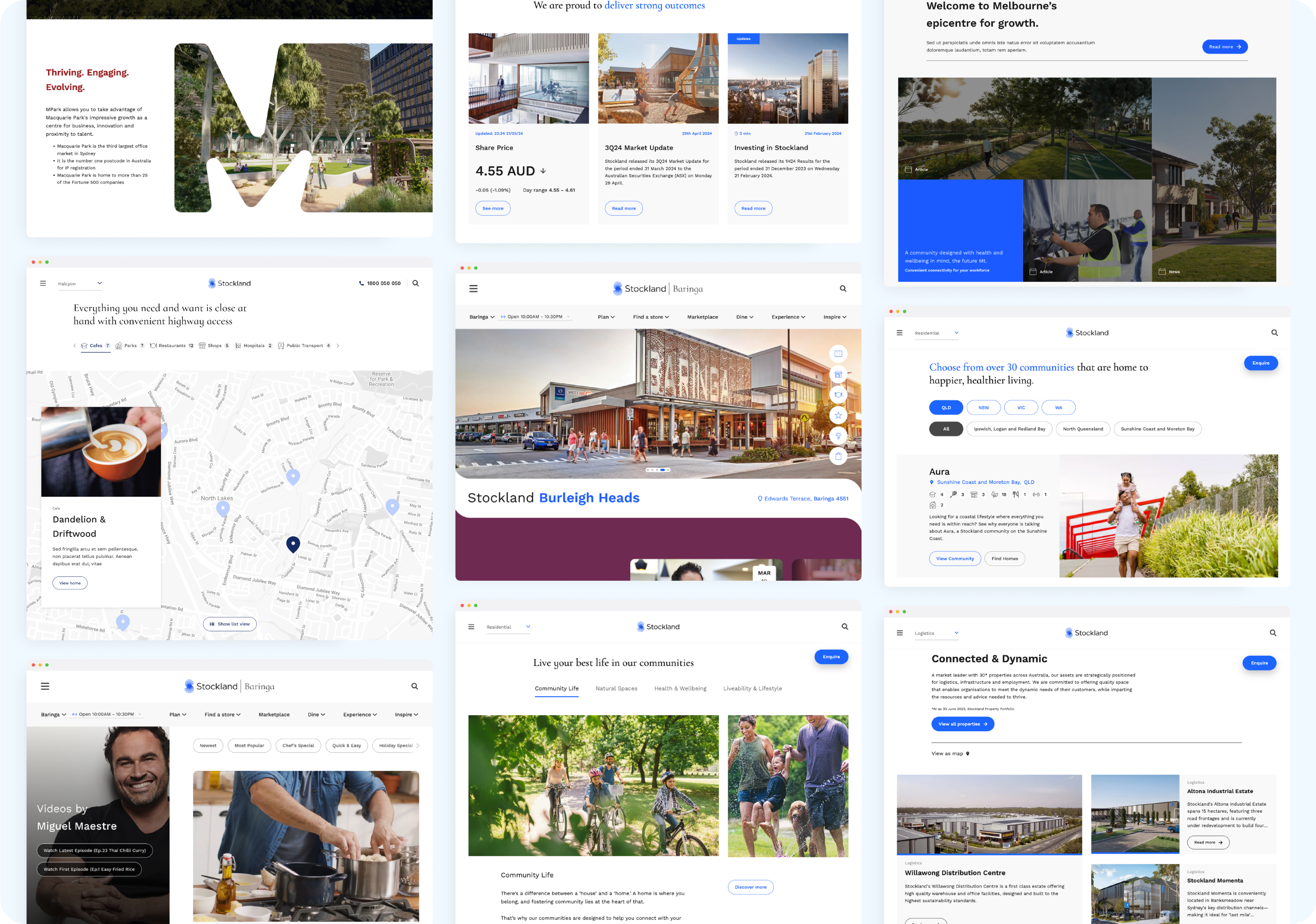 Grid of multiple pages of Stockland's website